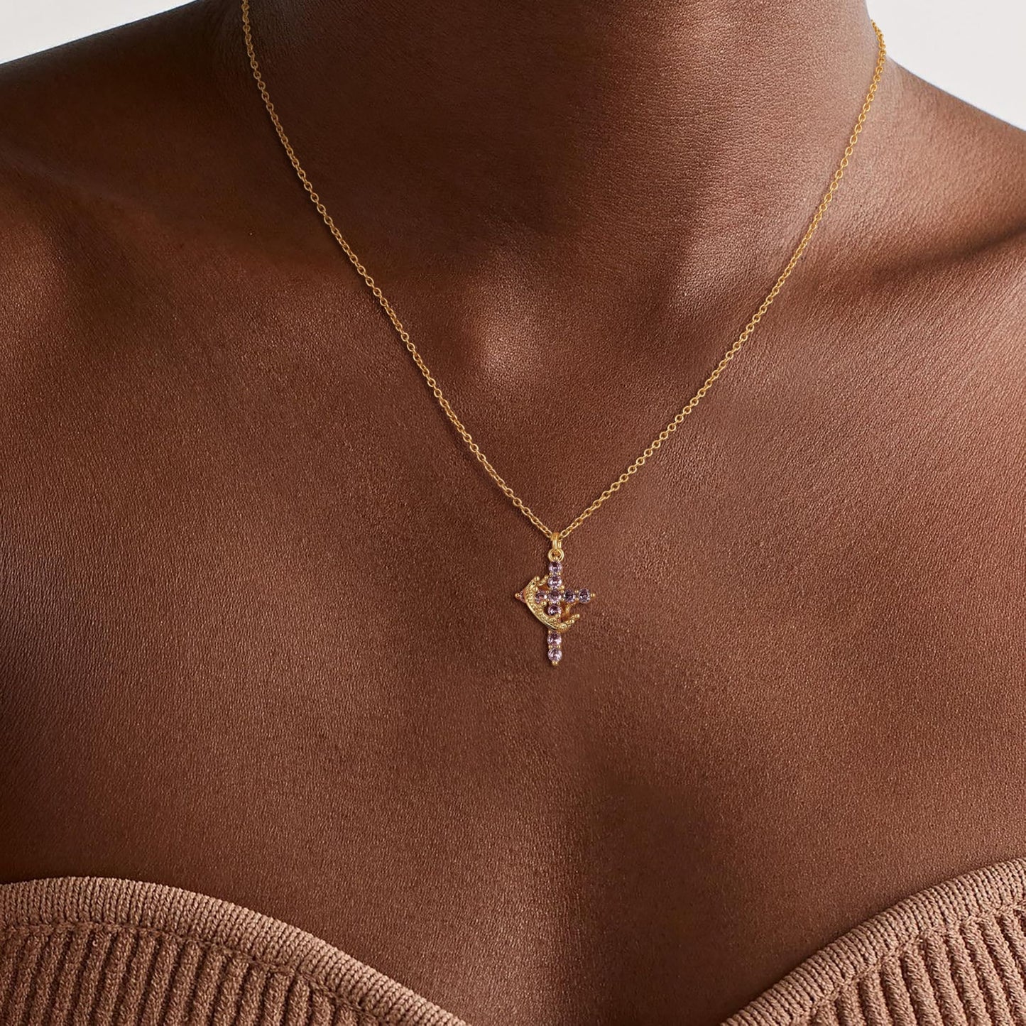 Robaice Cross Necklace for Women, 14K Gold Plated Crown Cross Pendant Necklace, Non-Tarnish Faith Jewelry for Women, Christian Religious Gifts