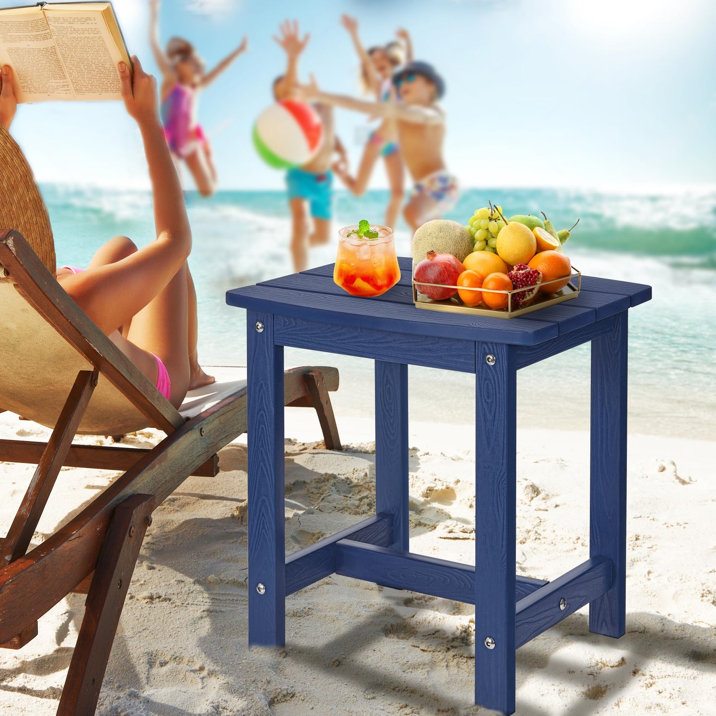 Y&M Adirondack Outdoor Side Table, HIPS Patio End Table, Waterproof Outside Table, Balcony Modern End Tables 23.5" inch Long for Garden, Pool, Beach, Porch, Deck, Indoor or Outdoor Use, Navy Blue