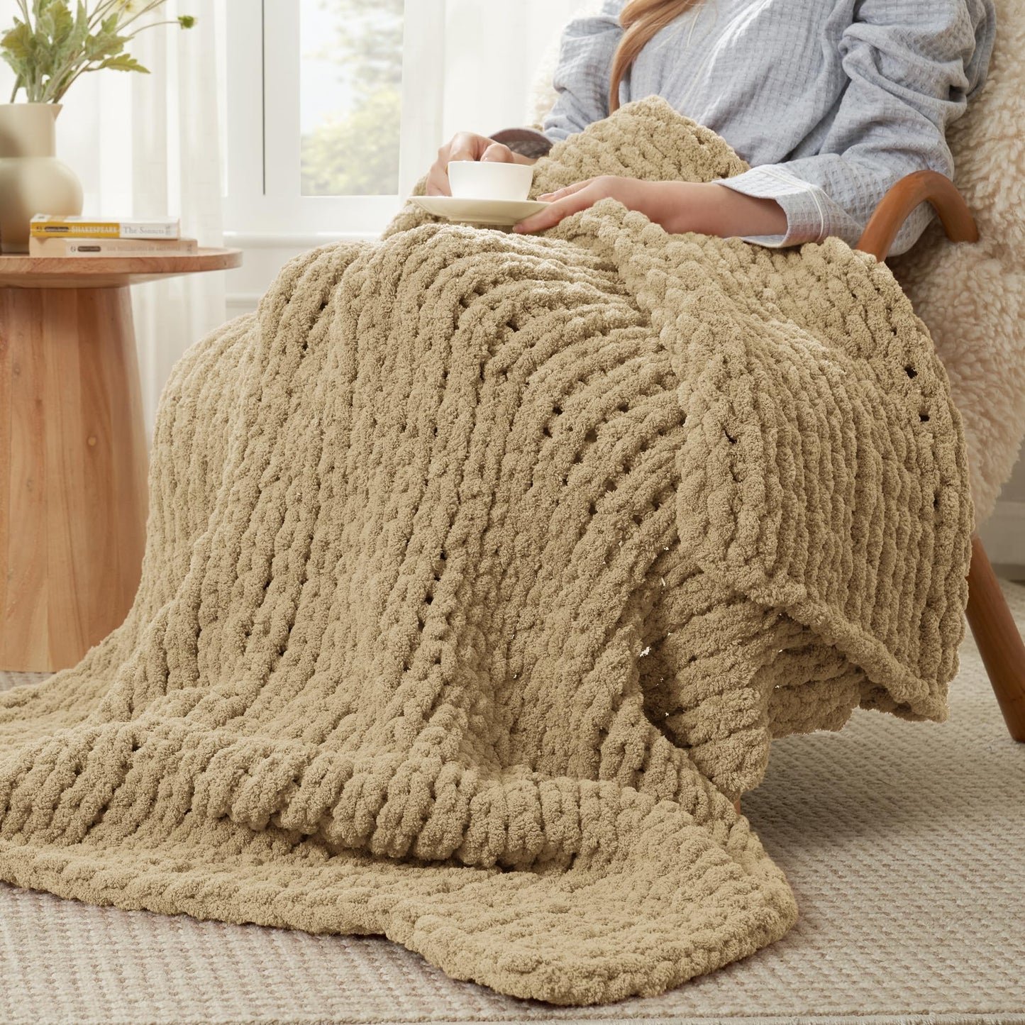 Amélie Home Chunky Knit Throw Blanket for Couch, Soft Chenille Handmade Crochet Throw Rope Knot Blanket for Couch, 50"x60", Space-Dyed Blue Striped