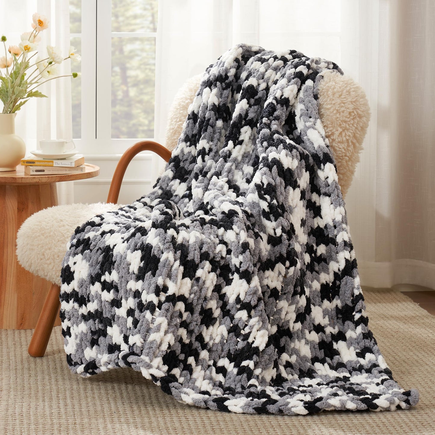 Amélie Home Chunky Knit Throw Blanket for Couch, Soft Chenille Handmade Crochet Throw Rope Knot Blanket for Couch, 50"x60", Space-Dyed Blue Striped