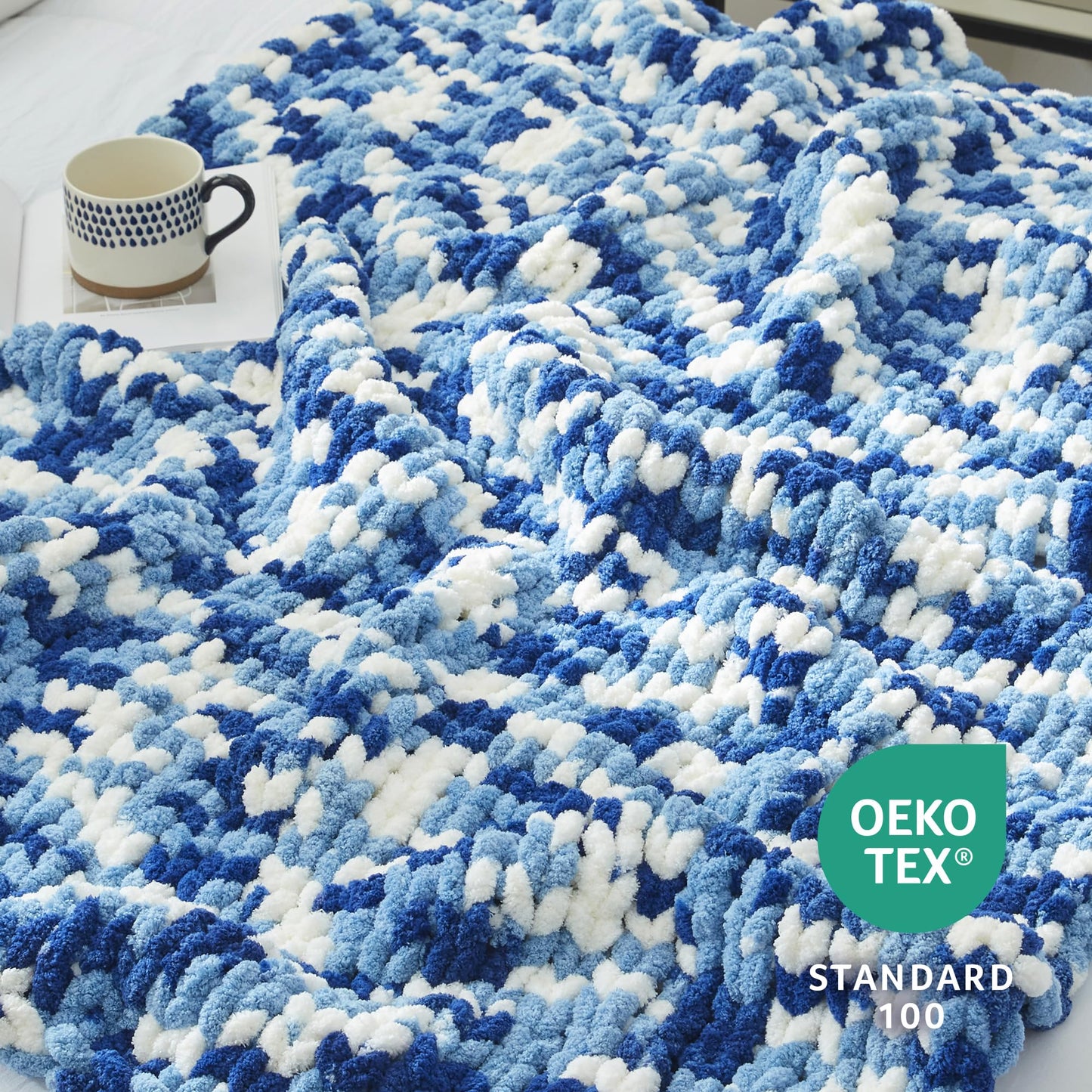 Amélie Home Chunky Knit Throw Blanket for Couch, Soft Chenille Handmade Crochet Throw Rope Knot Blanket for Couch, 50"x60", Space-Dyed Blue Striped