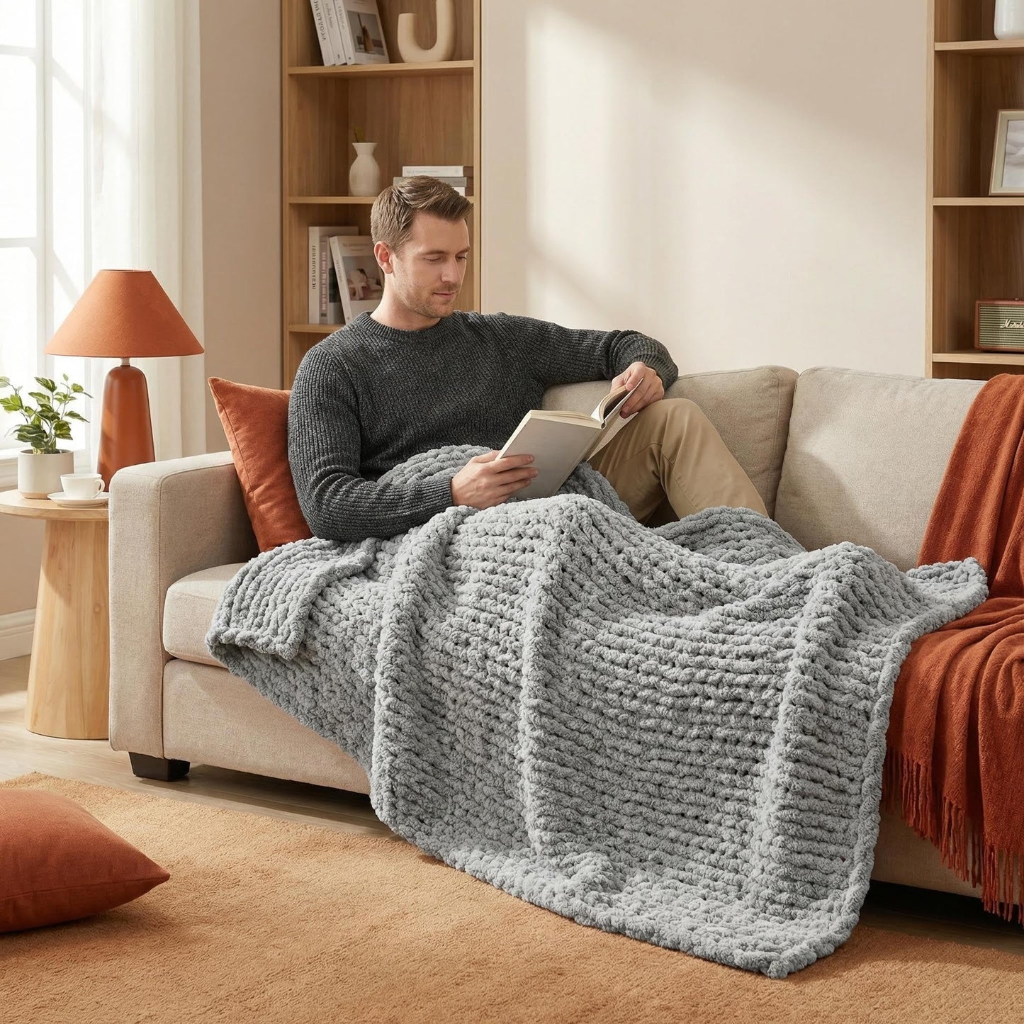 Amélie Home Chunky Knit Throw Blanket for Couch, Soft Chenille Handmade Crochet Throw Rope Knot Blanket for Couch, 50"x60", Space-Dyed Blue Striped