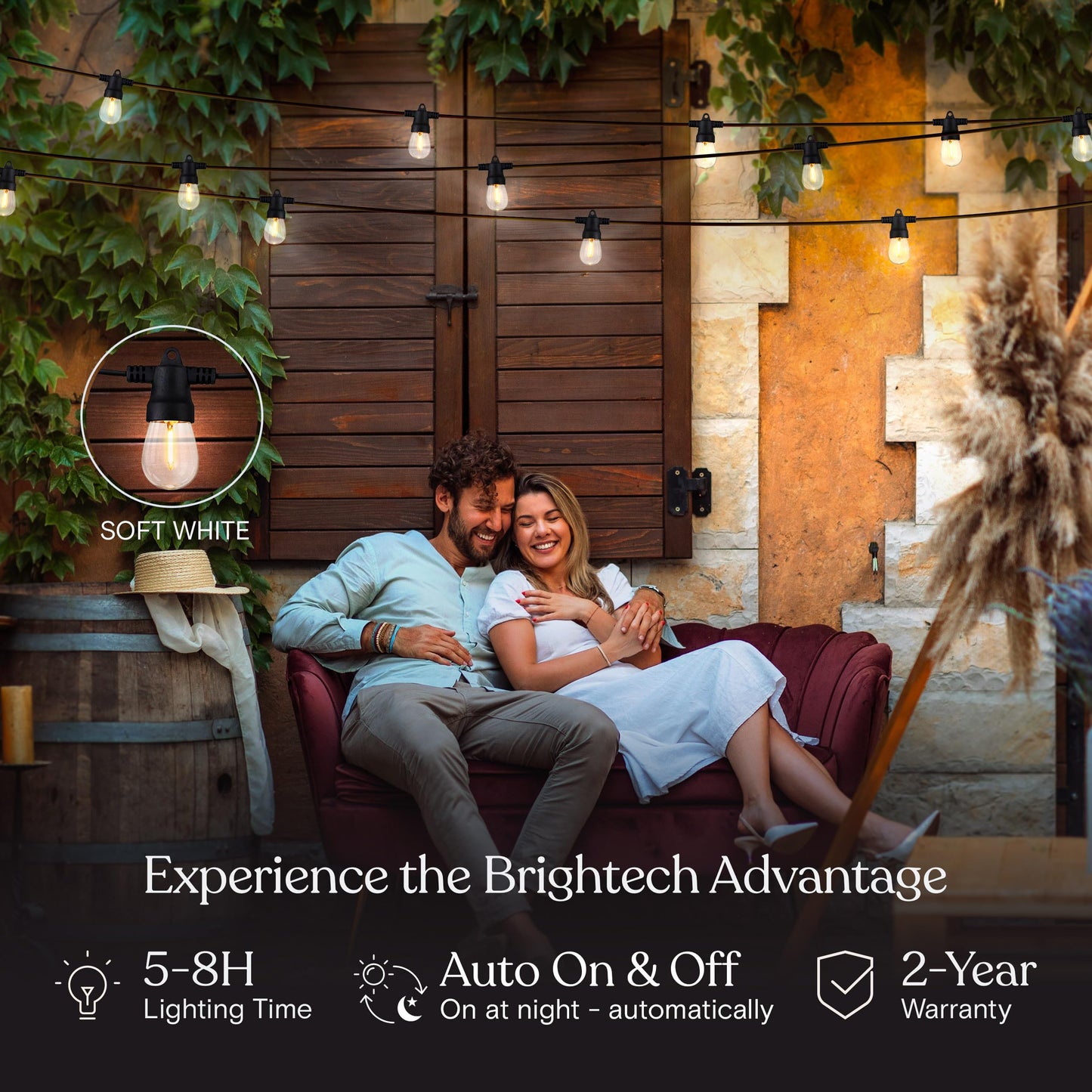 Brightech Ambience Pro Solar Powered Outdoor String Lights -27 ft Commercial Grade Waterproof Edison Patio Lights, Shatterproof LED String Lights for Outside, Porch - 12 Bulbs, 1W Soft White