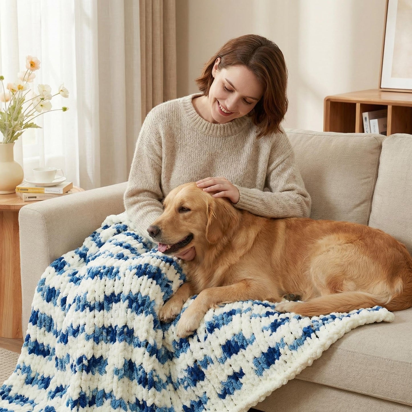 Amélie Home Chunky Knit Throw Blanket for Couch, Soft Chenille Handmade Crochet Throw Rope Knot Blanket for Couch, 50"x60", Space-Dyed Blue Striped