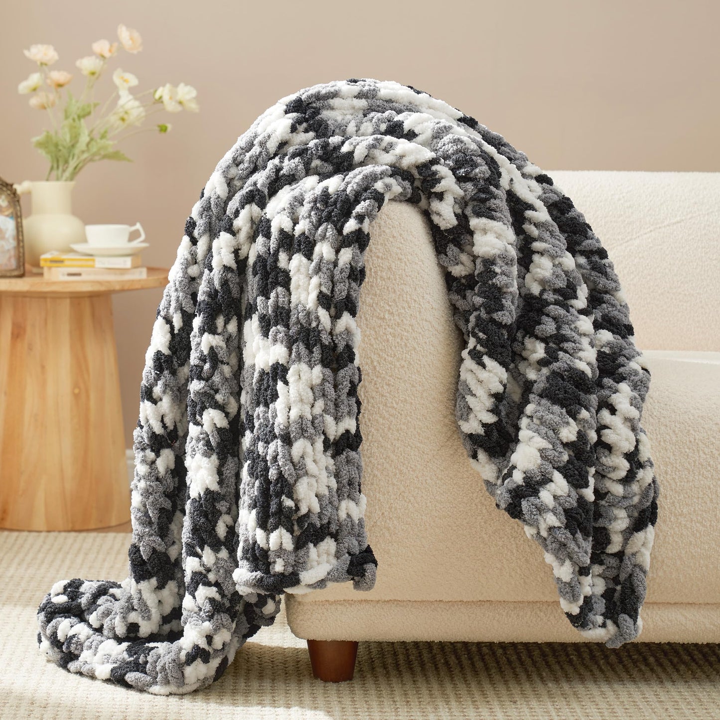 Amélie Home Chunky Knit Throw Blanket for Couch, Soft Chenille Handmade Crochet Throw Rope Knot Blanket for Couch, 50"x60", Space-Dyed Blue Striped