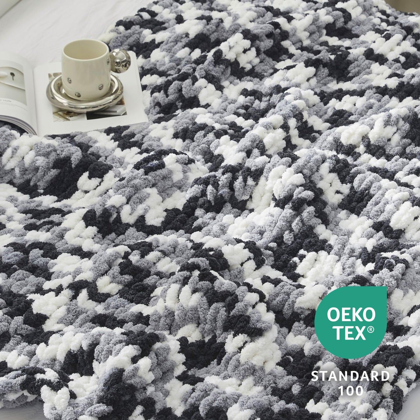 Amélie Home Chunky Knit Throw Blanket for Couch, Soft Chenille Handmade Crochet Throw Rope Knot Blanket for Couch, 50"x60", Space-Dyed Blue Striped