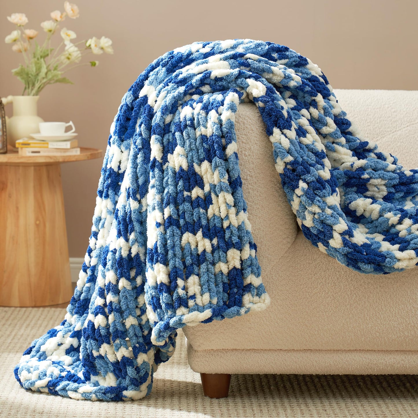Amélie Home Chunky Knit Throw Blanket for Couch, Soft Chenille Handmade Crochet Throw Rope Knot Blanket for Couch, 50"x60", Space-Dyed Blue Striped