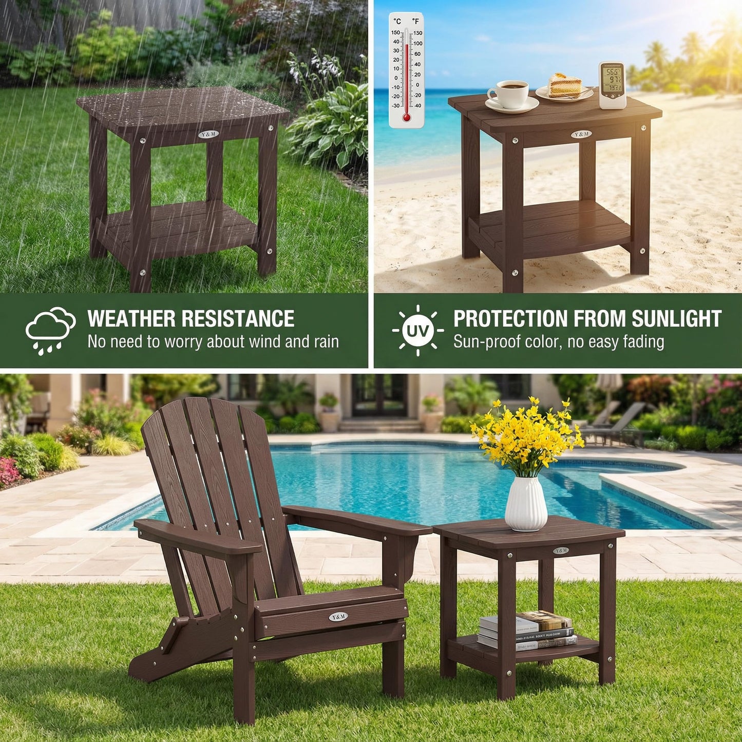 Y&M Adirondack Outdoor Side Table, HIPS Patio End Table, Waterproof Outside Table, Balcony Modern End Tables 23.5" inch Long for Garden, Pool, Beach, Porch, Deck, Indoor or Outdoor Use, Navy Blue