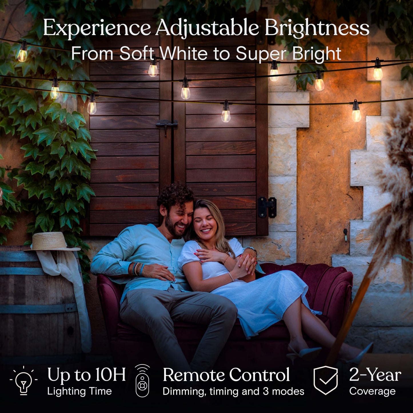 Brightech Ambience Pro Solar Powered Outdoor String Lights -27 ft Commercial Grade Waterproof Edison Patio Lights, Shatterproof LED String Lights for Outside, Porch - 12 Bulbs, 1W Soft White