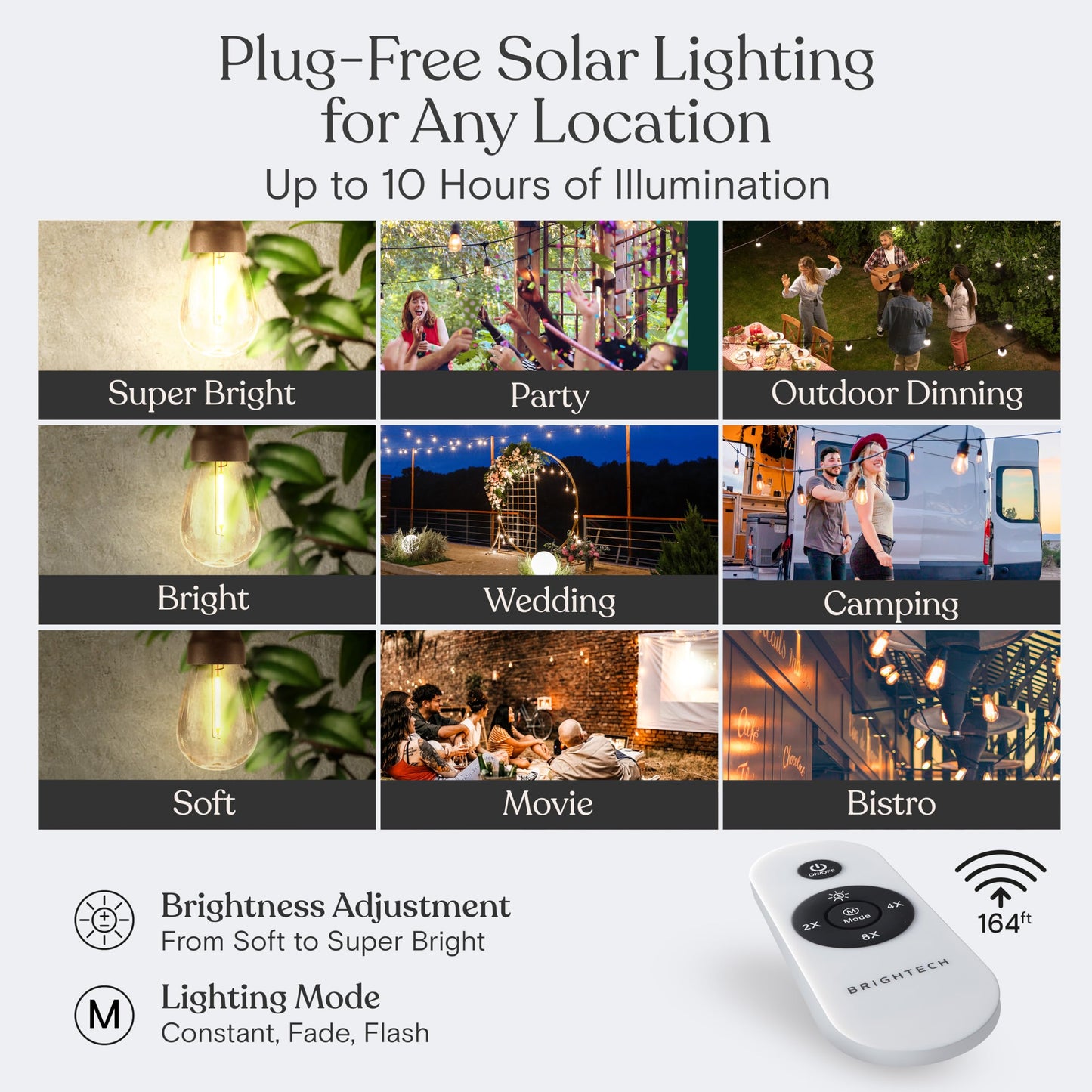 Brightech Ambience Pro Solar Powered Outdoor String Lights -27 ft Commercial Grade Waterproof Edison Patio Lights, Shatterproof LED String Lights for Outside, Porch - 12 Bulbs, 1W Soft White