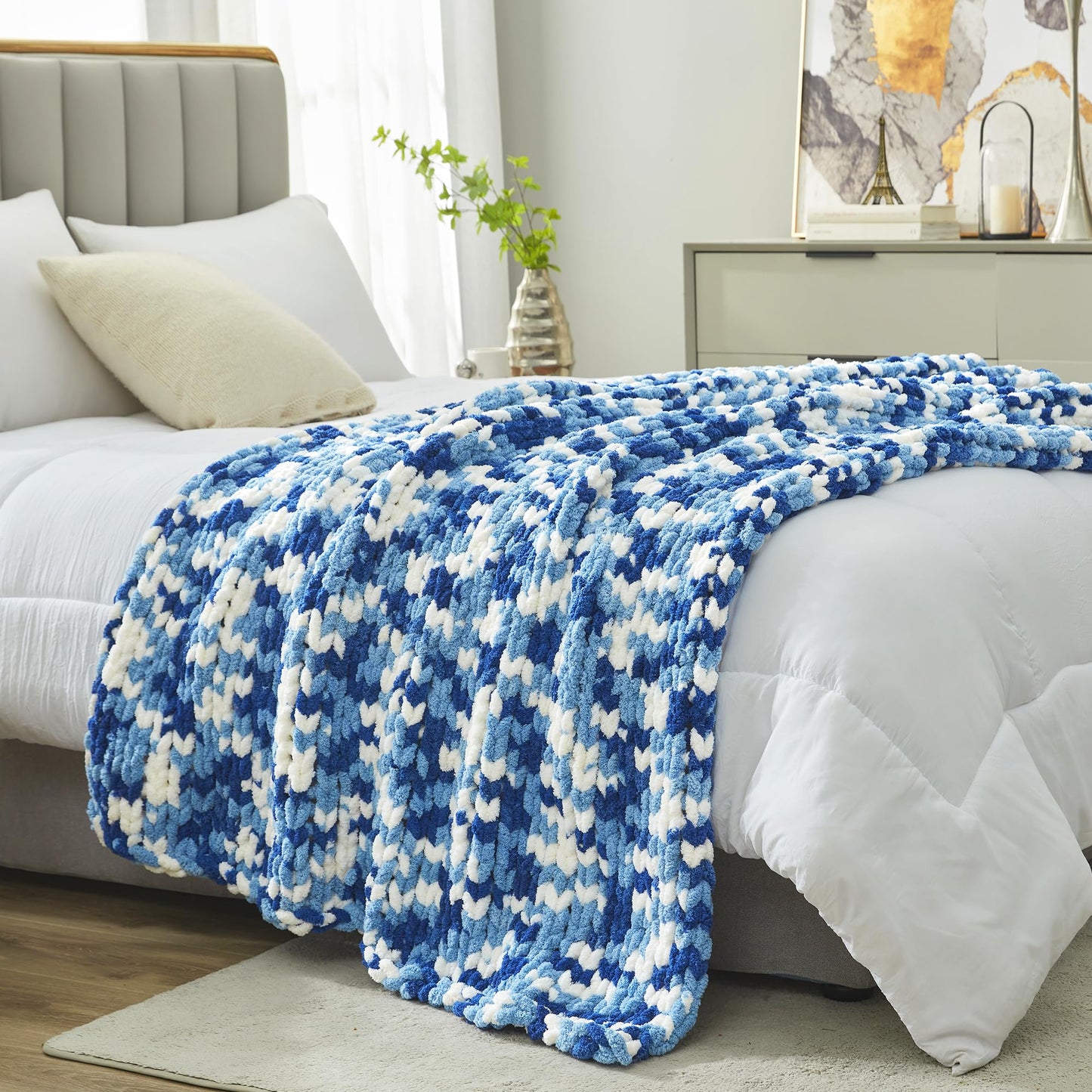 Amélie Home Chunky Knit Throw Blanket for Couch, Soft Chenille Handmade Crochet Throw Rope Knot Blanket for Couch, 50"x60", Space-Dyed Blue Striped