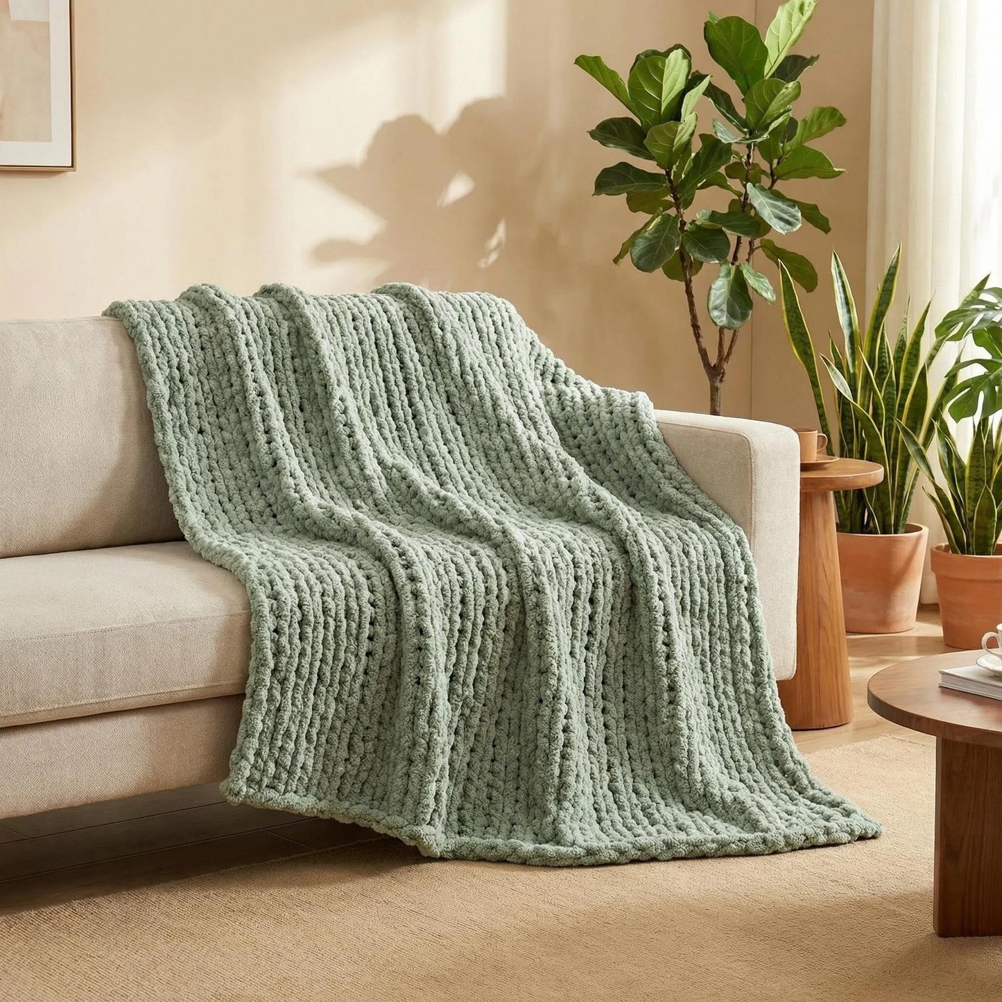 Amélie Home Chunky Knit Throw Blanket for Couch, Soft Chenille Handmade Crochet Throw Rope Knot Blanket for Couch, 50"x60", Space-Dyed Blue Striped
