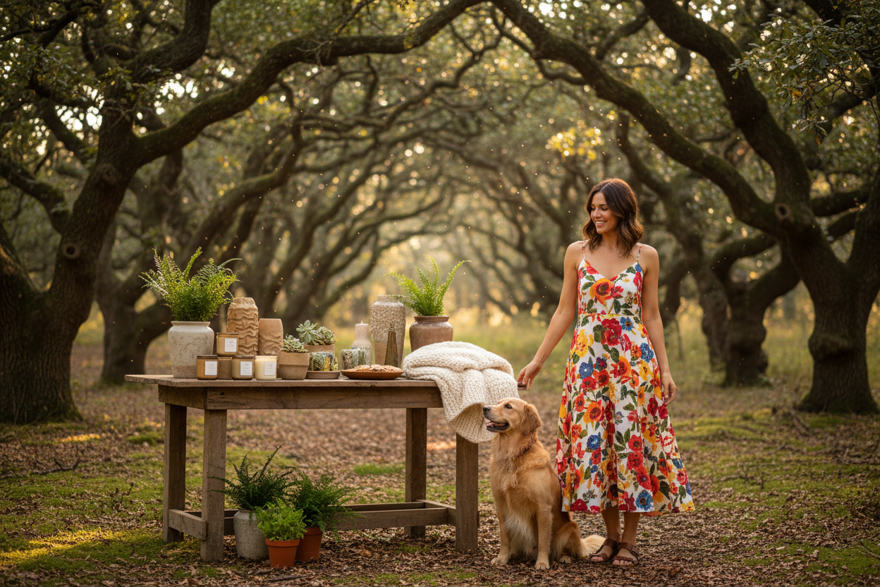 Lady in Oak Forest with Home Goods and Dog